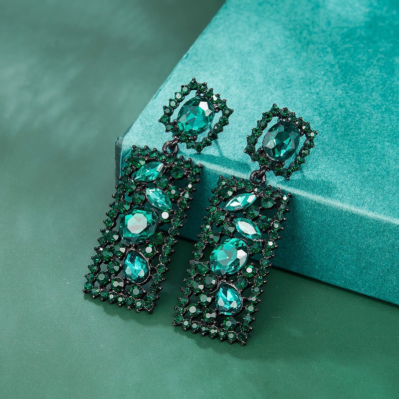 EVER FAITH Rectangle Earrings, Green Rhinestone Crystal Geometric Statement Drop