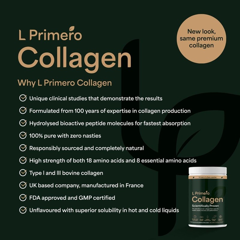 L Primero Collagen Peptides Powder 400g, Hydrolysed Unflavoured, Grass-Fed Bovine