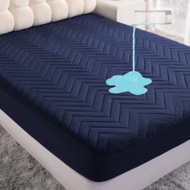 NTBAY Waterproof Mattress Protector, Quilted Twin Fitted Mattress Cover with 15" Deep Pocket- Machine Washable - Soft and Breathable Mattress Pad Cover, Navy Blue