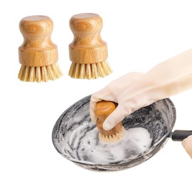 Palm Scrub Dish Brush Mini Bamboo Wood Round Natural Fiber Kitchen Dish Scrub Brush for Cleaning Pots Pans and Vegetables, 2 PCS