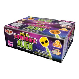 Paleta Luminox Alien 24 piezas, Paleta de Caramelo Macizo con forma de alien y brilla en la obscuridad, Las Delicias, 240 g