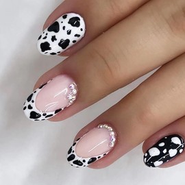 BABALAL Press on Nails Short Oval Fake Nails Cow Print French Tip Glue on Nails rhinestone Bling Acrylic Nails 24Pcs Round Glossy False Nails Manicure Full Cover Artificial Nails