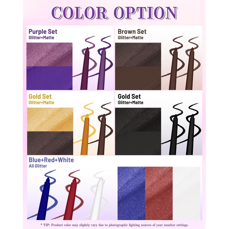 Purple Eyeliner Pencil Set, Matte&Glitter Gel Eyeliner Pencil for Halloween