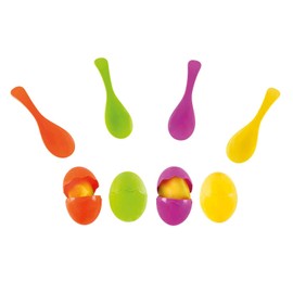 Idena 40074 - Geschicklichkeitsspiel Eierlaufen, mit 4 Eiern und 4 Löffeln, perfekt für drinnen und draußen, Partys und Sportfeste