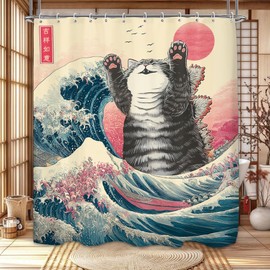 Funny Japanese Cat Shower Curtain 60Wx71L, Hilarious Cool Animal Shower Curtains for Bathroom Decor, Anime Wave Sea Oncean Asian Nautical Shower Curtain Set Home Decor 12 Pack Hooks