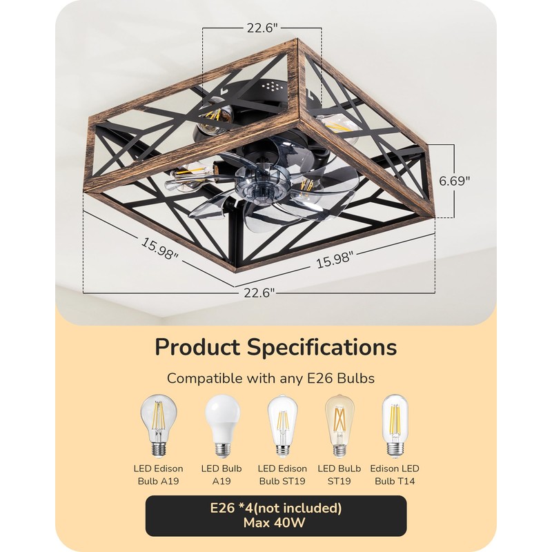 EDISHINE Caged Ceiling Fans with Lights Flush Mount, Rustic Square