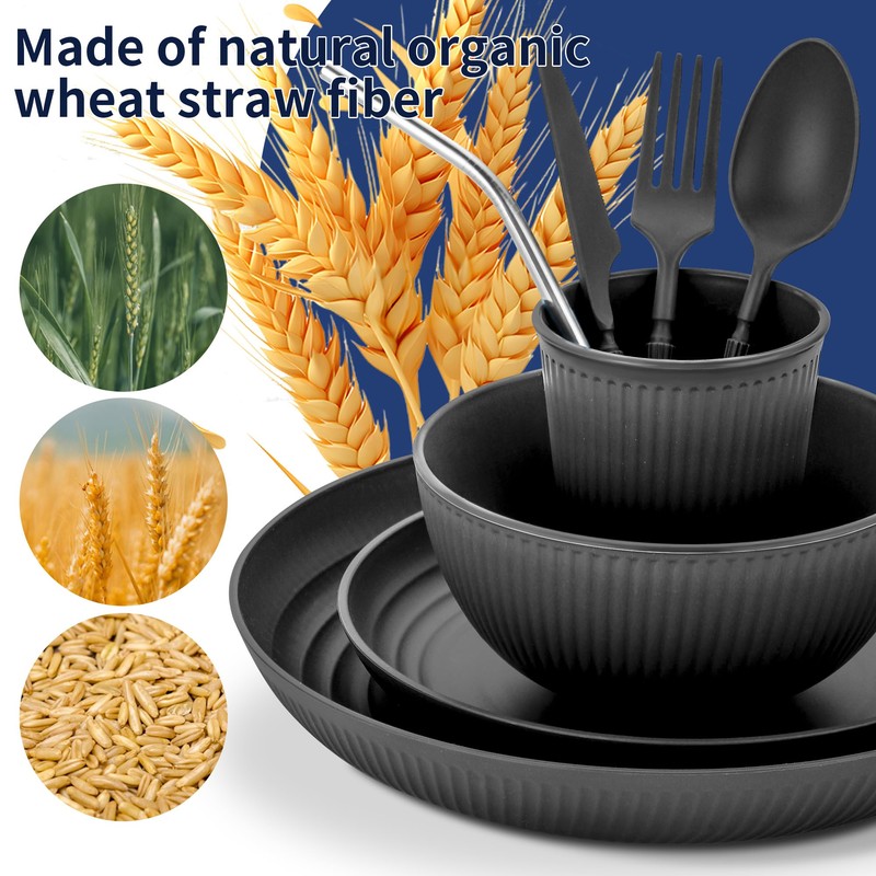Wheat Straw Dinnerware Sets,64-Piece Black Plates and Bowls Sets for
