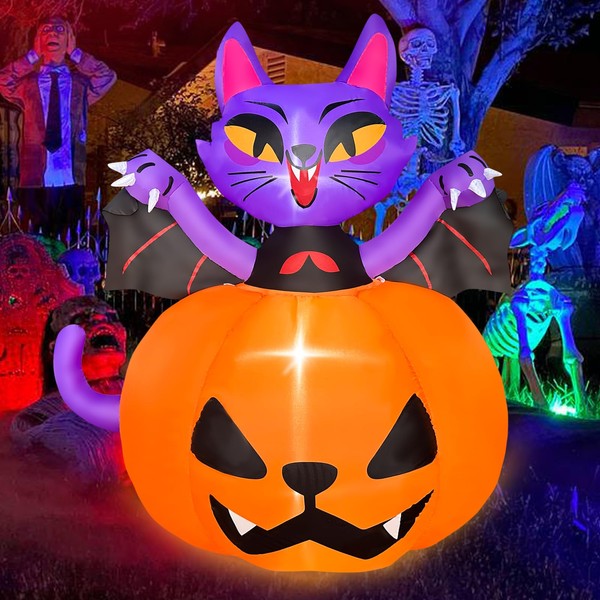 JOYEASE 5FT Halloween Inflatables Pumpkin Cat Decoration, Blow Up Yard