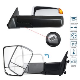 Adanz Towing Mirrors fit for 2009-2018 Dodge Ram 1500 2500 3500 Pickup Truck Puddle Lamp LED Turn Signal Lights Heated Defrost Power Glass Temperature Sensor Chrome Cap