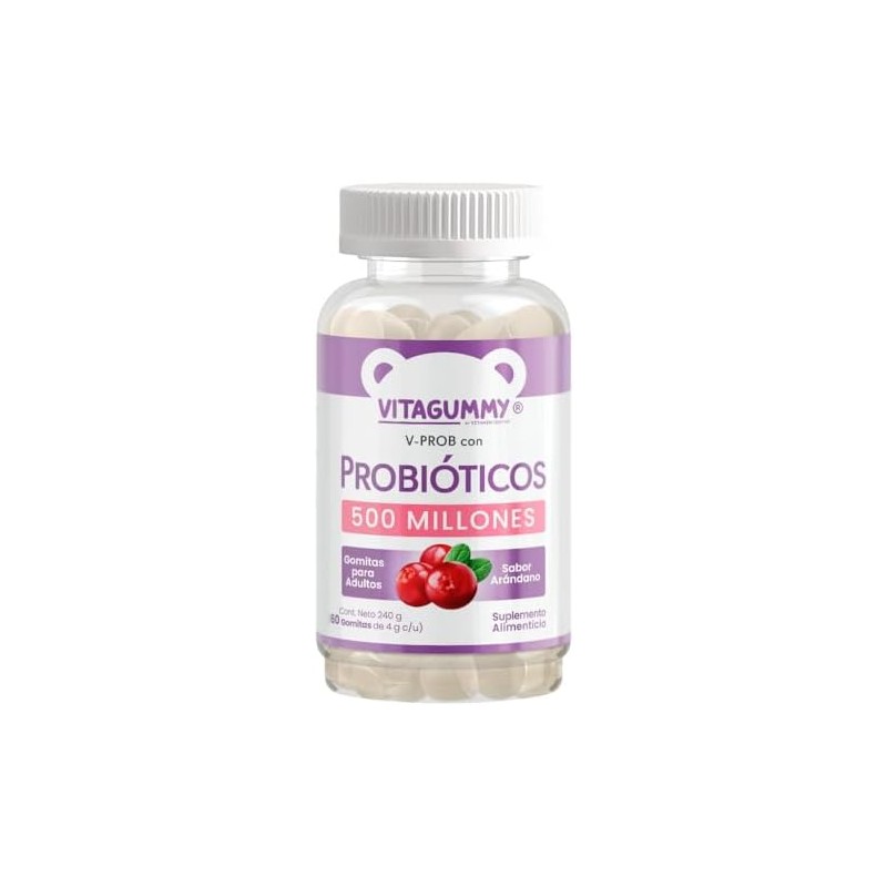 Gomitas V-PROB con probioticos sabor arandano, frasco con 60 gomitas