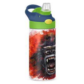 Mnsruu Kids Water Bottle with Straw 350ml, King Kong Furious Stainless Steel Insulated Toddler Cup Leakproof Drink Flask Bottle for Boys Hot Cold, BPA-Free
