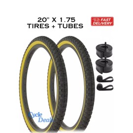 Duro 20" x 1.75 Bicycle Black/Gum Wall Tire Set, Tubes, Rim Strips DURO Freestyle BMX