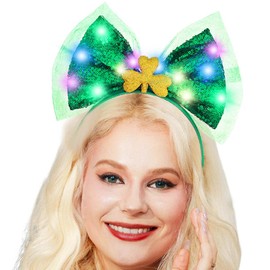 Uranian Light Up St. Patrick's Day Headbands Sequins Bow Headband LED Shamrock Hairbands Flashing Green Bowknot Hair Hoop Glowing Irish Festival Headwear for Women and Girls