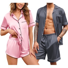 Ekouaer Silk Matching Pajamas Sets for Couples Satin Pj Shorts Sets 2 Piece Summer Loungewear Button Down Pjs with Pockets S-XXL Dark Grey