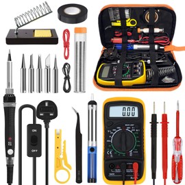 18 in 1 Soldering Iron Kit, 60W Soldering Iron with 5 Extra Tips, Soldering Kit with LCD Digital Multimeter, Stand, Desoldering Pump, Solder, Wire Stripper Cutter, Tweezers, Tape, Tool Bag