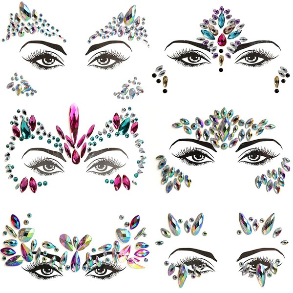 Face Jewels, 6 Pcs Face Crystal Sticker for Women Girls Makeup - Rhinestones Mermaid Face Jewels Gems Eye Face Temporary Tattoos Self Adhesive for Festival Rave Carnival