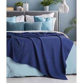 Tex Trend 100% Cotton Waffle Weave Blanket Queen Size for Bed, Lightweight Cotton Blanket - 90"x90" Soft Woven and Breathable Home Decor Blanket for Sofa, Bed, Chair - Navy
