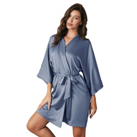 AW BRIDAL Silk Robe for Women, Dusty Blue Satin Robe Bridal Party Robes with V-Neck, Bridesmaid Robes Loungewear for Wedding, M