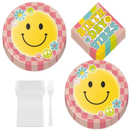 Groovy Happy Vibes Flower Power Paper Dinner Plates, Birthday Napkins, and Forks (Serves 16)