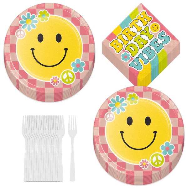 Groovy Happy Vibes Flower Power Paper Dinner Plates, Birthday Napkins,
