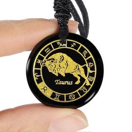 KYEYGWO Round Constellation Pendant with Adjustable Nylon Rope, Unisex Obsidian Zodiac Necklace Stone Amulet Blessing Jewellery for Horoscope Astrology, Obsidian Nylon, Obsidian