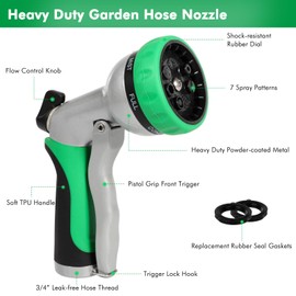 RESTMO Garden Hose Nozzle, Heavy Duty Metal Water Hose Nozzle with 7 Adjustable Spray Patterns, High Pressure Hand Sprayer with Flow Control for Watering Plants & Lawns, Washing Cars & Pets | Restmo