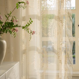 Lavyhuno Lace Curtains 63 Inch Length for Kitchen Nursery Room, French Antique Vintage Florals Embroidery Scalloped Edges, Window Treatments Farmhouse Country Pair Rod Pocket, W57 x L63, Beige