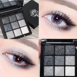 9 Colors Glitter Eyeshadow Palette, Black Silver Gray White Goth Shimmer Sparkly Eye Shadow Makeup Palette, Metallic Eyeshadow, Smokey Eye Glitter Makeup Sombras De Ojos
