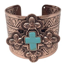 Gypsy Jewels Simulated Turquoise Western Style Silver Tone Wide Cuff Bracelet (Copper Tone Cross)