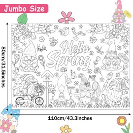 Naozinebi Hello Spring Coloring Poster for Kids Giant Coloring Poster Large Spring Gnome Coloring Tablecloth Jumbo Coloring Books for kids Classroom Home Birthday Party Supplies Favor