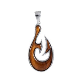 Gorgeous Hawaiian X-Large Genuine Koa Wood Fish Hook Necklace, Sterling Silver Fish Hook Pendant, N8513A