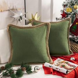 Phantoscope Pack of 2 Christmas Farmhouse Decorative Throw Cover Burlap Linen Trimmed Tailored Edges, Olive Green, 18 x 18 inches, 45 x 45 cm
