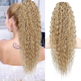 FLUFYMOOZ Ponytail Extension, 26 Inch Bohemian Style Drawstring Ponytail Hair Extensions for Women, Long Curly Ponytail Natural Synthetic Hairpiece for Women (26 Inch Golden Blonde with Highlights)
