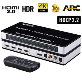 Tendak HDMI 2.0 Switch 4 Port HDMI Switch 4K HDMI Splitter HDMI Switch 4 to 1 with Optical and L/R Audio Extractor with Remote Control Supports UHD 4K @ 60Hz HDCP 2.2 ARC 3D