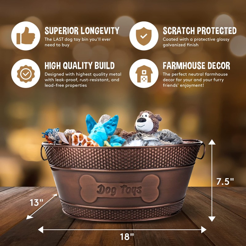 BREKX Indestructible Metal Dog Toy Bin - Copper Galvanized Storage