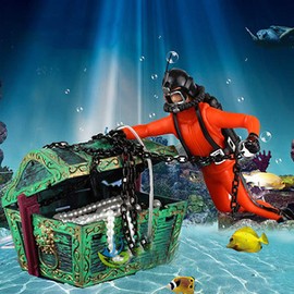 Aquarium Floating Diver Ornament Aquarium Decoration with Moving Treasure Chest Floating Diver Bubble Action GTRH