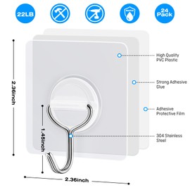 YSJNUS Adhesive Hooks Wall Hooks for Hanging Heavy Duty 22lb(Max), Waterproof and Rustproof Transparent Self Adhesive Hooks for Bathroom Kitchen Outdoor and Home Improvement -24 Pack