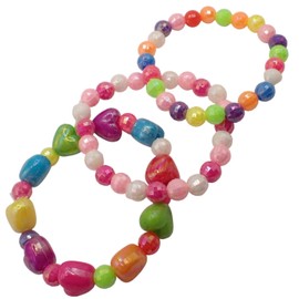 Topkids Accessories Children's Pretty Plastic Bracelet Sets, Colourful Chunky Plastic Jewellery For Kids Costume Party Game Prizes, Perfect For Party Bag Present (Beaded Hearts Set)