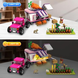 HOGOKIDS 3-in-1 Farm Building Toys with LED Light, 835 PCS Farmer Market Building Blocks Set for Girls, Train Truck Building Set with Stickers, Birthday Gift for Girls Boys Age 6 7 8 9 10 11 12