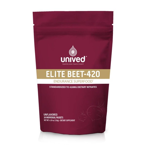 Unived Elite Beet-420 | Extracto de remolacha estandarizado a 6.5% nitrato dietético, 420 mg de nitrato por porción | Superalimento de resistencia para atletas | Vegano, sin cafeína, preentrenamiento | 20 porciones