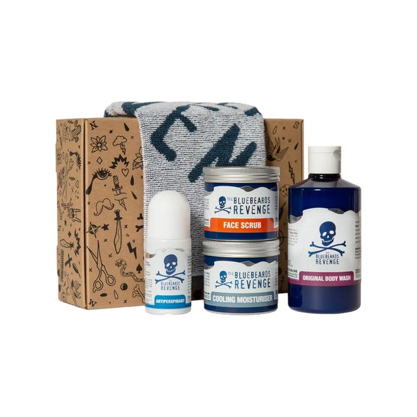 The Bluebeards Revenge, Daily Essentials Set, Men’s 5 piece gift set, Original Body Wash, Face Scrub, Cooling Moisturiser, Roll-On Antiperspirant & Flannel