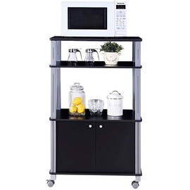 ReunionG 3-Tier Rolling Microwave Oven Stand with Utility Shelves Cabinet, Multifunctional Kitchen Baker’s Rack Spice Workstation Organizer Storage Cart for Home Dining Room Commercial Use (Black)