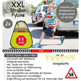 HECKBO 2 x Road Warning Sign Caution Children Sign Playing Pylons + Bunting – Children Road Pylons Children Safety Pop Up Set – Caution Children Street Buddy Warning Cones