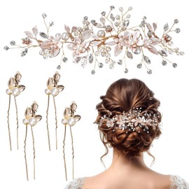 SPOKKI 5 Pcs Bridal Hair Accessories Set, Handmade Rhinestone Flower Bride Wedding Hair Vine + 4 Pearl Wedding Bridal Hair Pins, Gold Bridal Hair Clip, Elegant Hair Accessories for Women Wedding