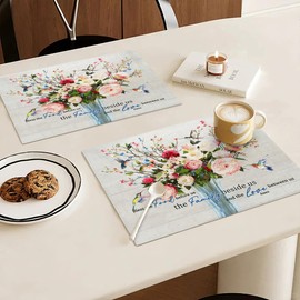 Christian Flower Summer Placemats Set of 4, 12x18 Inch Spring Floral Table Place Mat Religious Washable Non-Slip Heat Resistant Fabric Placement Mats for Dining Kitchen Indoor Outdoor Decor