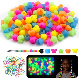 100Pcs Silicone Hair Beads for Kids Glow in the Dark, Mix Shapes Soft Colorful Rubber Pony Beads for Hair Braiding, Bracelet Making, DIY Jewelry Crafts, Keychains with Rubber Band and Quick Beader