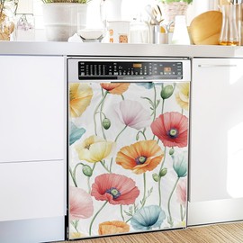 Dishwasher Magnet Cover,Red Blue Poppy Flower Magnet Sticker Fridge Panel Decal for Home Kitchen Decor, 23x26 in