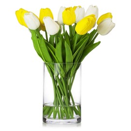 ENOVA HOME 20 Pieces Artificial Real Touch Tulips Flower Arrangement in Glass Vase with Faux Water for Home Decoration (White Yellow)