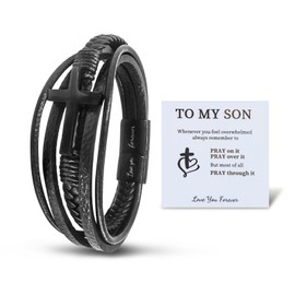 To My Son Cross Bracelet, Braided Leather Bracelet,Men's Stainless Braided Leather Bracelet Bangle Wristband Graduation Birthday Gift (black)