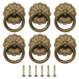 Litoexpe 6 Pcs Vintage Cabinet Pulls Handles, Vintage Antique Brass Ring Pulls with Screws for Furniture Cabinet Cupboard Hand Hardware